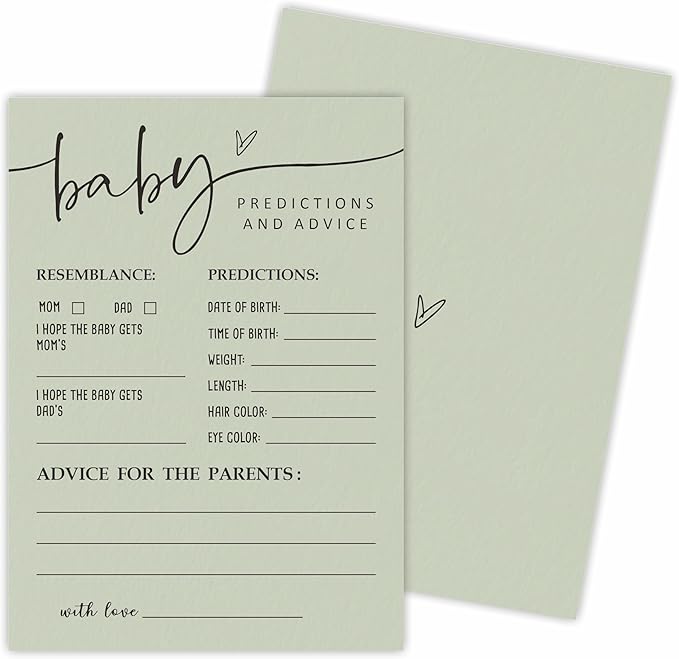 Sage Green Baby Shower Game Cards - Advice & Predictions, Double-Sided Design, 30 Gender Neutral Cards for Shower Party, Announcement, Advice for Parents, Party Favor & Decor - C01