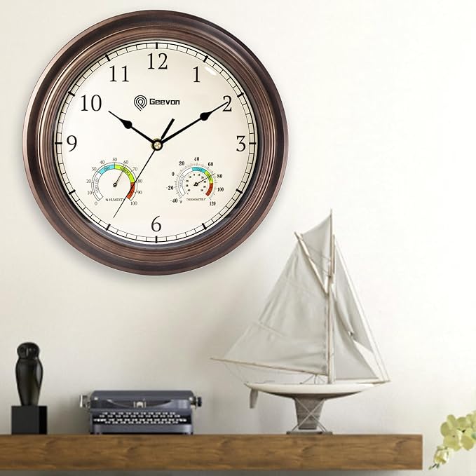 Geevon 14 Inch Retro Wall Clocks Battery Operated with Hygrometer and Thermometer Combo, Silent Wall Clock Non-Ticking Quartz Decorative for Kitchen Living Room School Bedroom