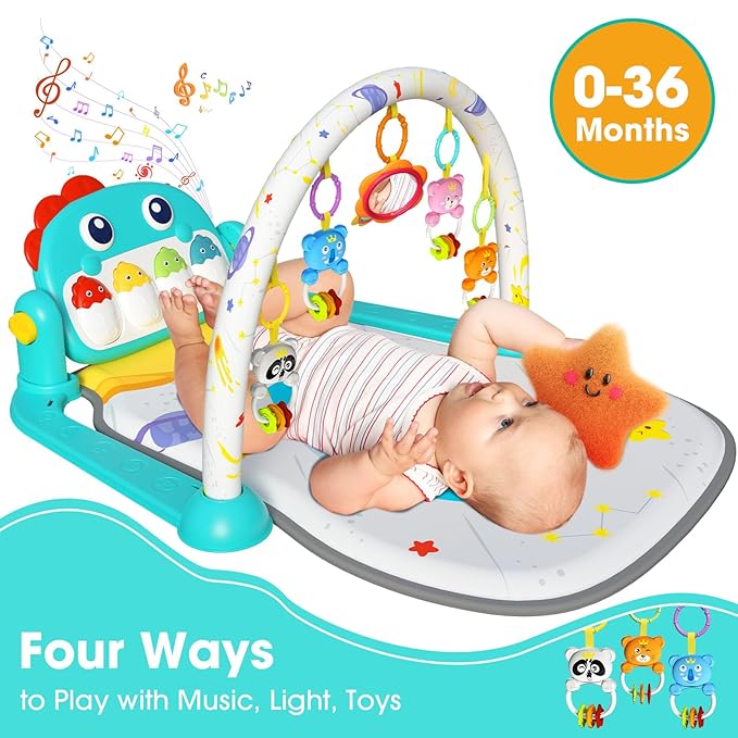 Baby Play Mat,Funny Tummy Time Mat Toys,Music & Light Kick and Play Piano Mat, Baby Play Gym for Newborn Infant,Baby Activity Center Mat with 5 Sensory Baby Toys 0-6-12 Months Dinosaur Theme