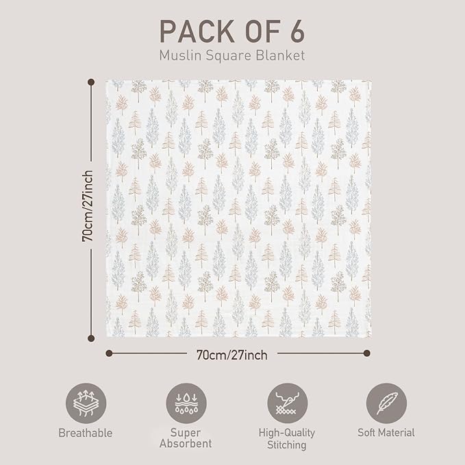 GLLQUEN BABY Receiving Blanket Boy Cotton Muslin Swaddle Blankets Girl Newborn Squares Breathable & Soft Thin Baby Blankets Cloths Double Absorbent Infant Swaddling Wrap - 6 Pack (Pine Tree & Train)