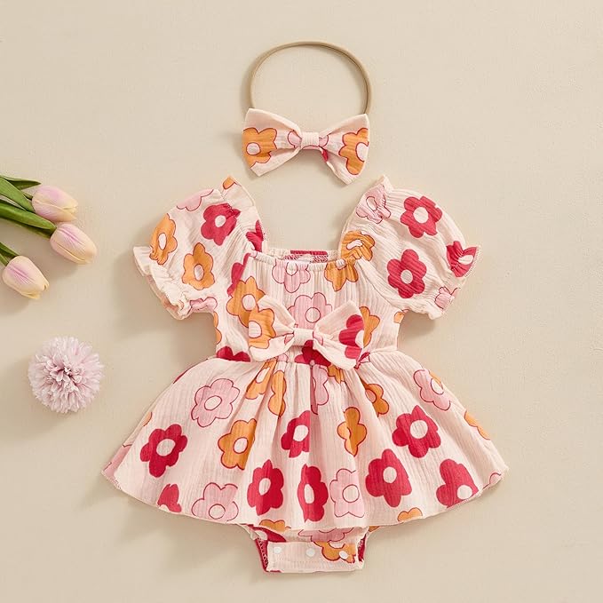 Baby Girls Floral Cotton Leotard Romper Newborn Daisy Playsuits Ruffled Sleeve Onesie Infant Jumpsuit Clothes Headband