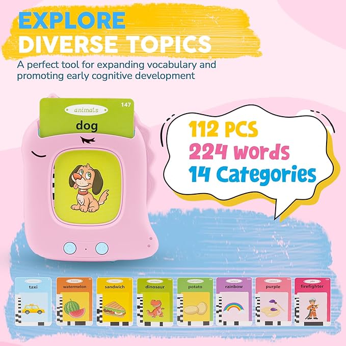 Toddler Toys Talking Flash Cards for Age 1 2 3 4 5 Years Old Boys and Girls, Montessori Language Learning with 224 Words, Pocket Speech Therapy and Autism Sensory Toys, Educational Gifts for Kids