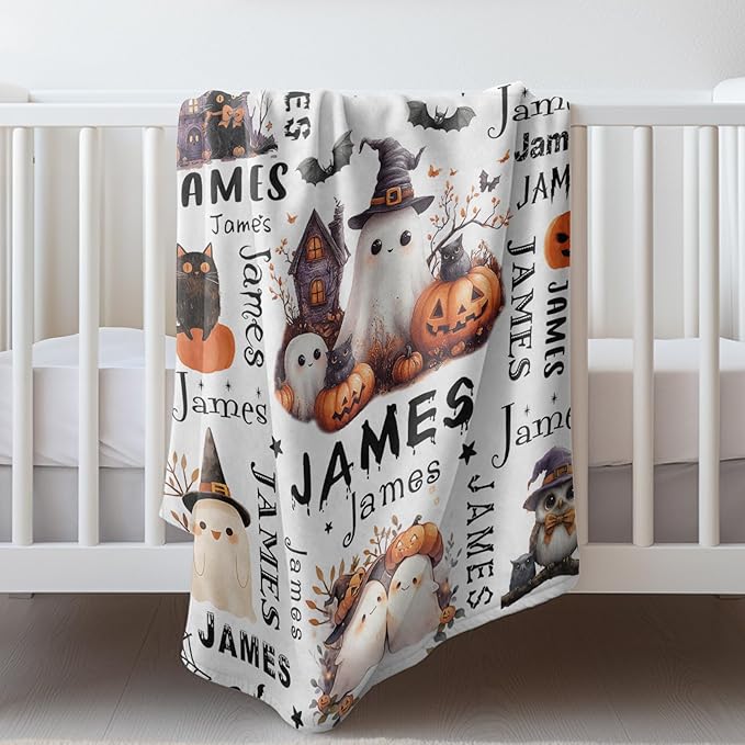 Ship Next Day, Custom Halloween Blanket - Printed in USA, Personalized Baby Blankets with Name, Gift for Kids Girls Boys, Unique Present for Birthday, Christmas, Halloween Bats Toddler Blanket