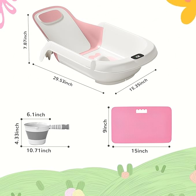 Reclining Baby Bathtub for Newborn, Angle Adjustable Baby Tub for Infant to Toddler, Bath Support in Tub, Thermometer & Bath Kneeler Rest Pad & Clean Rinse Cup, 6-36 Months-Pink