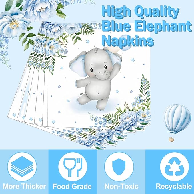 Elephant Baby Boy Shower Party Supplies - 350pcs Blue Elephant Party Decorations Paper Plates Napkins Cups and Utensils Tableware Sets Blue Floral Theme Birthday Party Tableware Set