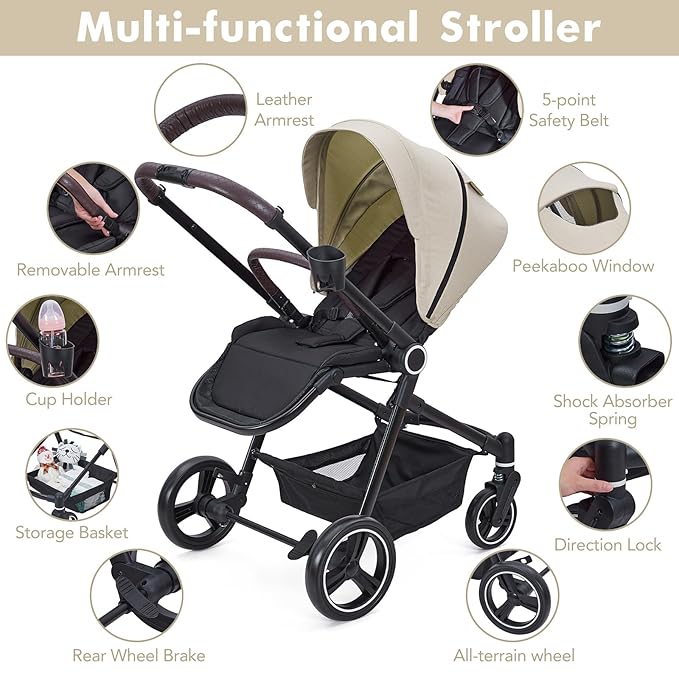Baby Stroller, High Landscape Pushchair with Reversible Seat, One-Hand Fold and Cup Holder, 4 Modes Convertible Toddler Stroller with Storage Basket, Adjustable Footrest and Canopy, Beige