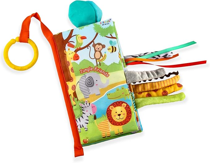 Minimono Jungle Tails Baby Activity Book, 3D Touch and Feel Crinkle Cloth Books, Montessori Activity Book for Fine Motor Skills