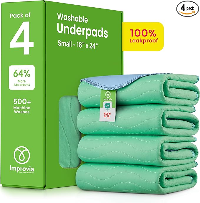 IMPROVIA® Washable Underpads, 18" x 24" (Pack of 4) - Heavy Absorbency Reusable Incontinence Pads for Kids, Adults, Elderly, and Pets - Waterproof Protective Pad for Bed, Couch, Sofa, Furniture, Floor