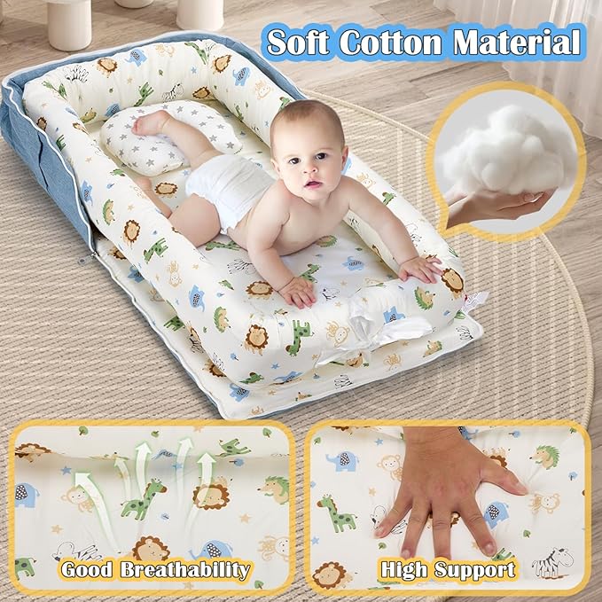 Baby Lounger for Newborn, Huggynest Portable Infant Lounger for 0-12 Months Newborn, Home Travel Dual-Purpose Baby Nest (Animal World Blue)