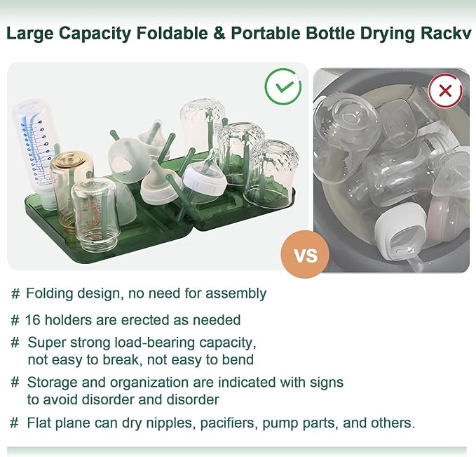 Portable Electric Bottle Brush Cleaner and Drying Rack Set, Foldable Bottle Drying Rack with 16 Ribs, Automatic Bottle Cleaner Brush Help Thorough Cleaning of Baby Bottles and Breast Pumps,Green