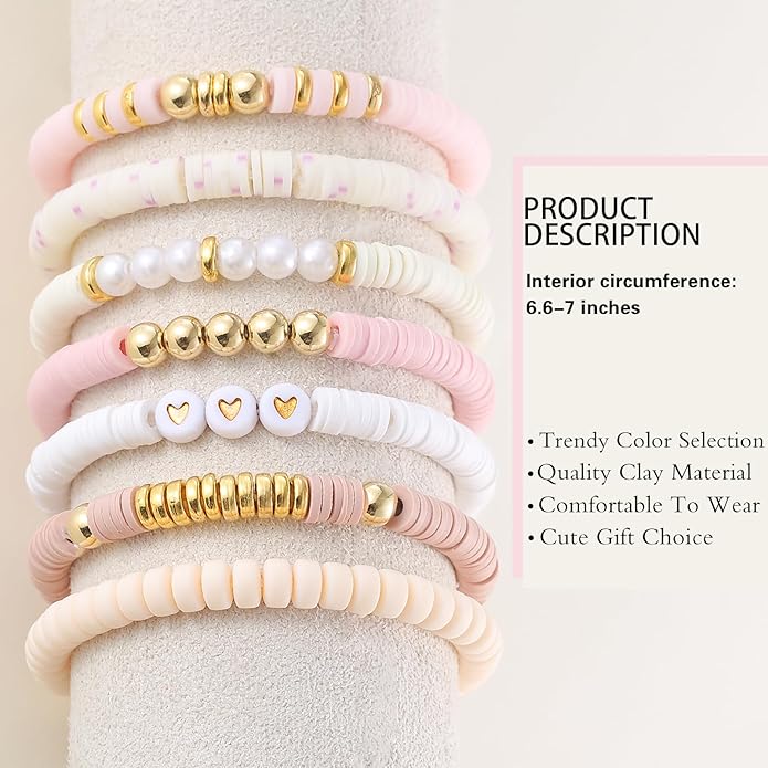 Friendship Bracelets Trendy Heishi Clay Bead Bracelets Stack Gold Beaded Stretch Bracelets for Women Boho Stackable Bracelets Bulk Cute Preppy Jewelry