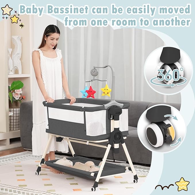 Baby Bassinet, Rocking Bassinet, 3 in 1 Bassinets Bedside Sleeper with Musical Toys, Bedside Bassinet for Baby with Storage Basket and Wheels, Adjustable Bedside Crib for Newborn (Black)