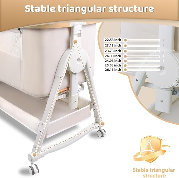 4 in 1 Baby Bassinet, Bassinet Bedside Sleeper with Wheels and Storage Basket, Adjustable 7 Heights Bedside Sleeper with Musquito Net, Breathable Mesh Rocking Bassinet for Baby/Newborn (Beige)