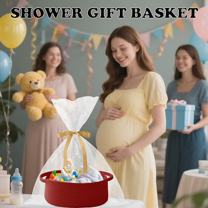 Gift Basket with Gift Bag and Ribbons,Small Rope Woven Shelf Storage,Baskets for Gifts Empty,Birthday,Shower,Decorative Organizer Box for Cat Dog Pet with Handles(Red)