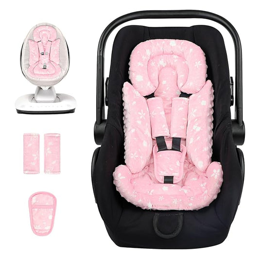 Car Seat Head Support Baby, Soft Infant CarSeat Insert with Strap Covers for Girls, Newborn Insert for carseat, Strollers, Swings, Bouncer, Pink