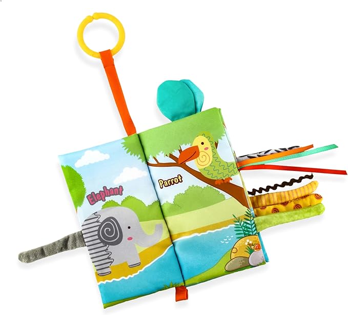 Minimono Jungle Tails Baby Activity Book, 3D Touch and Feel Crinkle Cloth Books, Montessori Activity Book for Fine Motor Skills