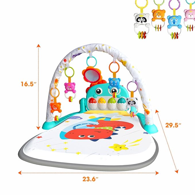 Baby Play Mat,Funny Tummy Time Mat Toys,Music & Light Kick and Play Piano Mat, Baby Play Gym for Newborn Infant,Baby Activity Center Mat with 5 Sensory Baby Toys 0-6-12 Months Dinosaur Theme