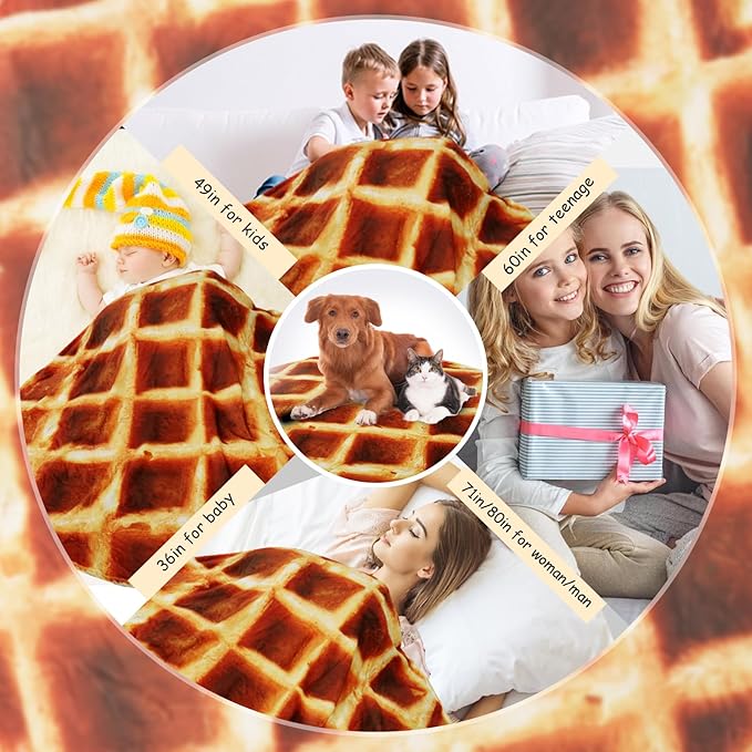 Waffle Blanket for Teen Kids, 60 inch Food Blanket for Funny Gifts, Round Throw Blanket, Warm Soft Flannel Funny for Bed/Office/Travel