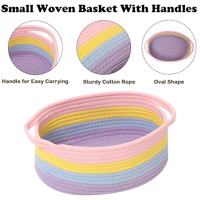 Gift Basket with Gift Bag and Ribbons,Small Rope Woven Shelf Storage,Baskets for Gifts Empty,Birthday,Shower,Decorative Organizer Box for Cat Dog Pet with Handles(Rainbow Pastel)