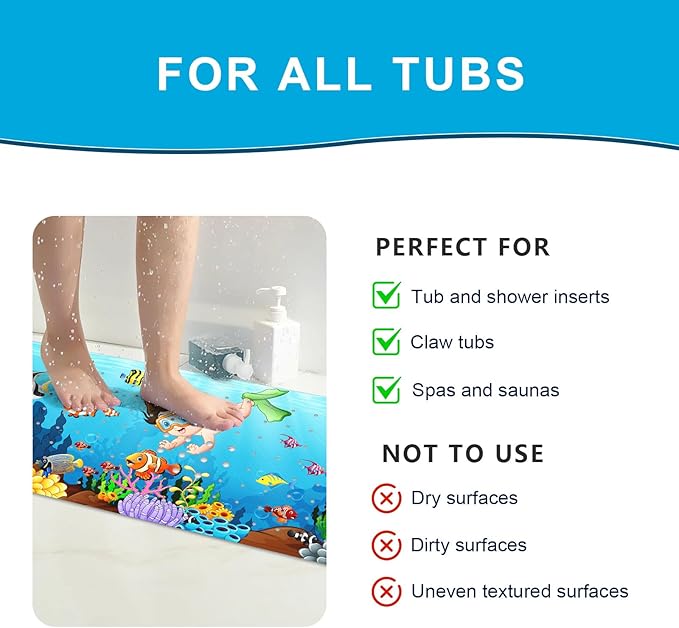 XIYUNTE Baby Bath Mat for Tub Non Slip Kids Bath Mat - 40''x16'' Extra Long Cartoon Child Bath Tub Mat Eco-Friendly Toddler Bath Mats with Suction Cups and Drain Holes, Easy to Clean & Easy Drying