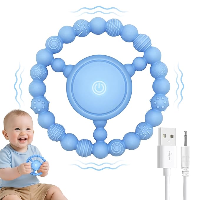 Vibrating Sensory Chew Toy for Babies & Autism Support - USB Rechargeable Baby Teething Toy with 3 Vibration Modes, Safe Silicone Chewers for Toddlers 6+ Months(Blue)