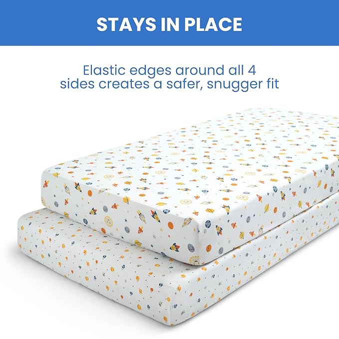 Delta Children Fitted Crib Sheets for Girls and Boys - Crib Sheet for Standard Crib and Toddler Mattresses - 28x52 Inch (Pack of 2), Space Exploration