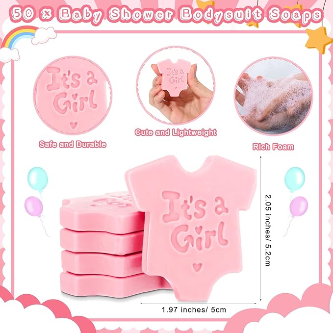50 Sets Baby Shower Soap Favors for Guests Boy Girl Mini Handmade Scented Soaps with Thank You Tags and Organza Bags for Shower Gender Reveal Party Favors(It's A Girl,Pink Baby Shirt)