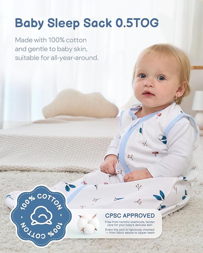 Baby Sleep Sack 12-18 Months, 100% Organic Cotton Wearable Blanket for Babies, 2-Way Zipper TOG 0.5 Lightweight Breathable Baby Sleeping Bag, 4 Sizes-L Animal&Plant&White