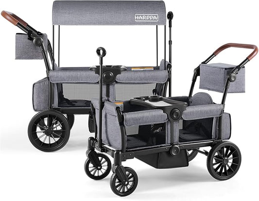 HARPPA All-Terrain Wagon Stroller for 2 Kids, Foldable Outdoor & Beach Stroller Wagon with Removable Canopy, Adjustable Push & Pull Handle, Footwell & Large Storage, Grey