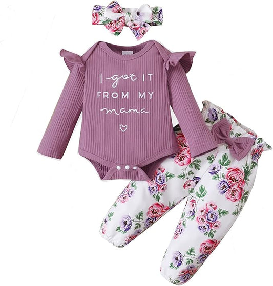 DISAUR Baby Girls Clothes Newborn Infant Baby Girls Outfit Long Sleeve Ruffle Romper Floral Pants Headband Sets 0-18 Months