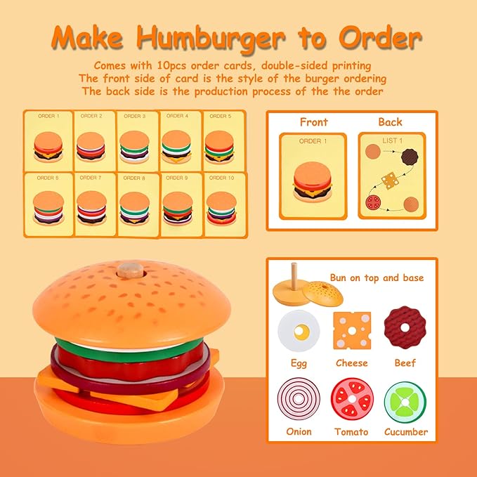 Wooden Burger Toys Montessori Toys for Toddlers Preschool Education Activity Board Game Early-Education Matching Speed Race Pretend Toy Food Back to School (Burger)
