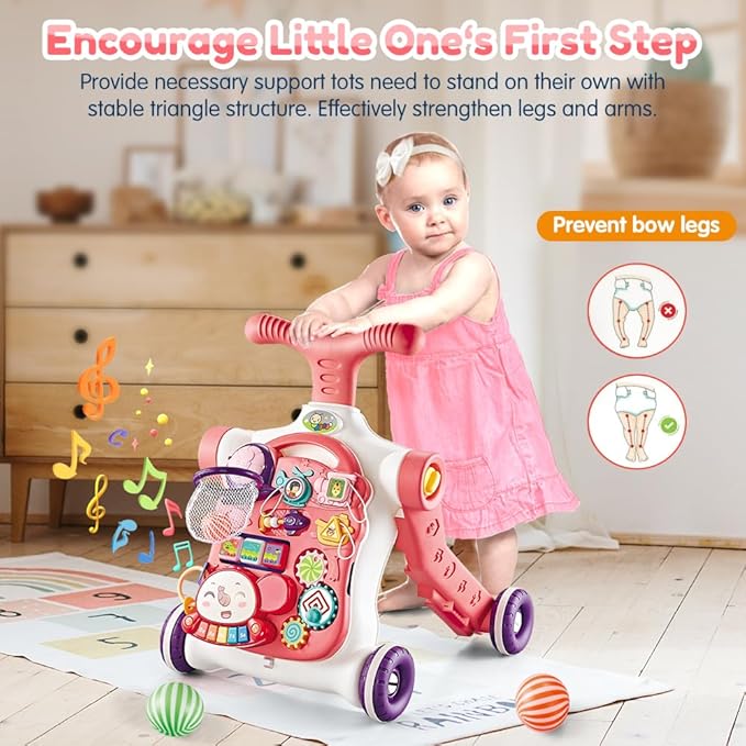 Baby Walker 5 in 1,VATOS Sit-to-Stand Learning Walker,Assemble as Scooter/Balance Bike/Push Walker/Activity Table/Detachable Panel,Push Walkers Toys with Music for Toddlers Infant Boys Girls