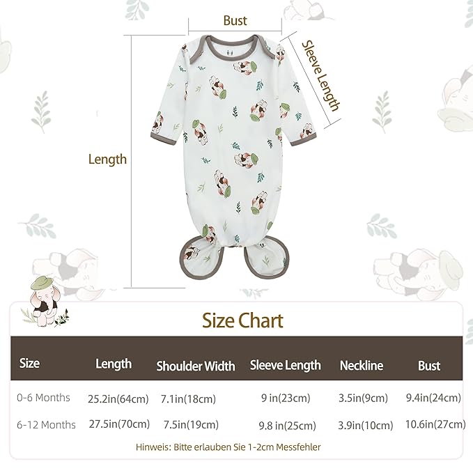 Miracle Baby Newborn Knotted Gown with Hat Set, 3 Pack Newborn Nightgowns, Baby Sleeper Gowns with Mitten Cuffs for Boys Girls 6-12 Months