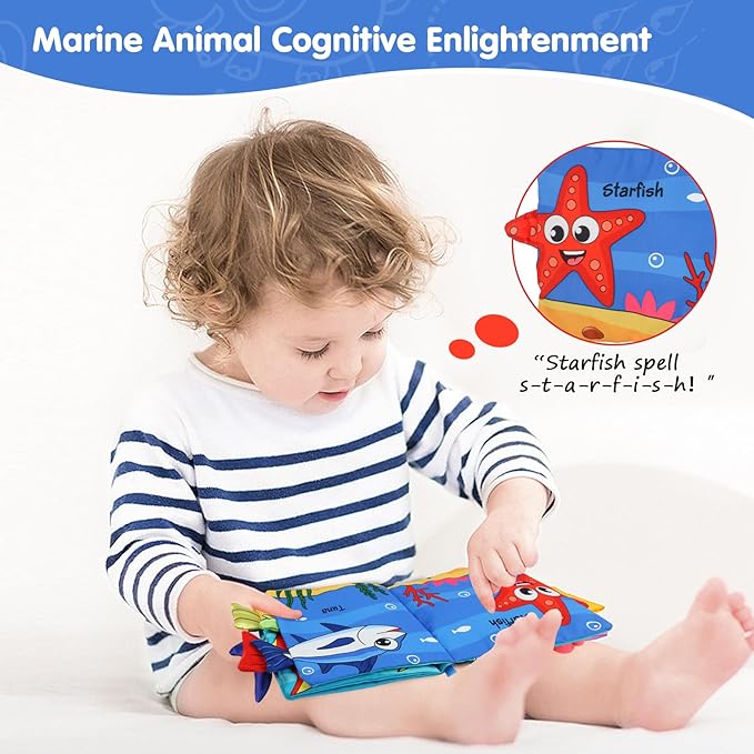 Soft Animal Tails Baby Toy Touch and Feel Crinkle Cloth Book (Marine Soft Baby Book)