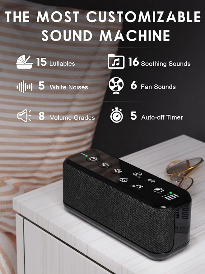 Portable White Noise Machine for Adults & Kids, 42 Soothing Sounds, Rechargeable Travel Sound Machine with Rain & Ocean Sounds, Auto-Off Timer & 8-Level Volume Control β Ideal for Sleep & Focus