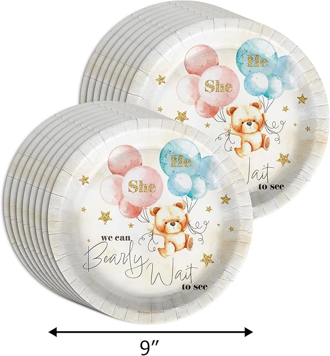 Birthday Galore We Can Bearly Wait Teddy Bear Gender Reveal Party Supplies - 64 Piece Gender Reveal Tableware Set Includes Large 9" Dinner Plates and 8" Dessert Paper Plates Napkins Cups - Kit for 16