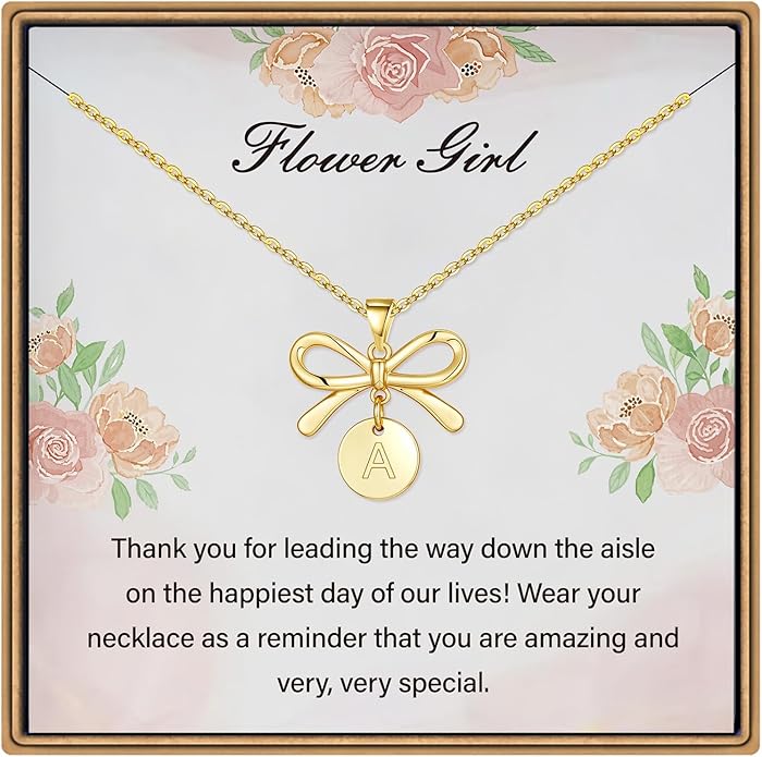 IEFLIFE Flower Girl Gifts - 14K Gold Plated Disc Initial Flower Girl Proposal Necklace Gifts for Girls from Bride, Bow Necklace Gift for Girls on Wedding Bridal Shower Party Jewelry