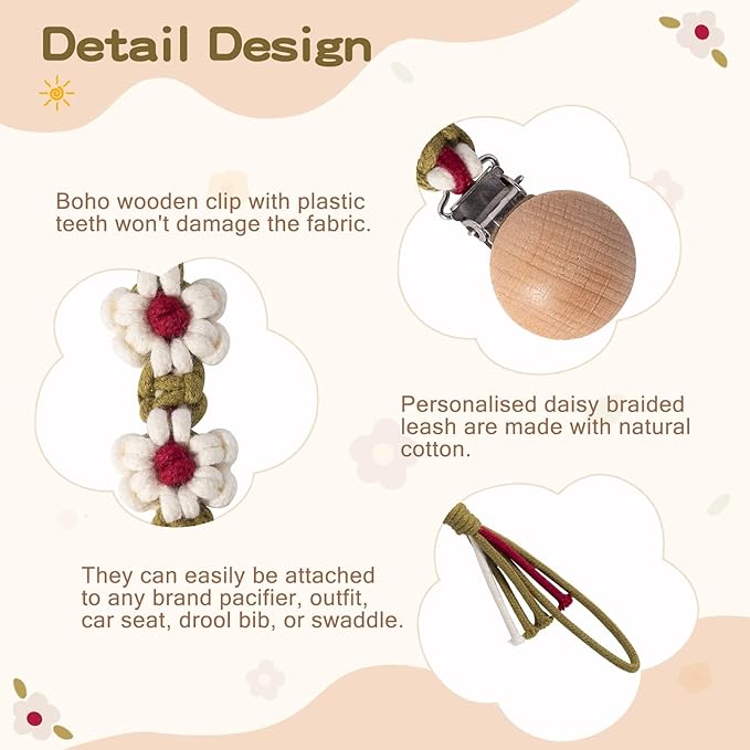 Pacifier Clip for Boys Girls Floral Daisy Macrame Paci Clip Pacifier Holder Leash Boho Wooden Clips Handmade Braided Cotton Unisex Baby Shower Birthday Gift Christmas Gift (Christma)