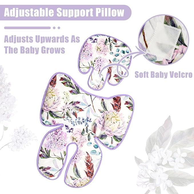 Infant Car Seat Insert for Newborn Girls Boys, HNHUAMING 2 In 1 Reversible Baby Car Seat Head & Body Support, Extra Soft Baby Car Seat Cushion Insert for Strollers, Swings, and Bouncers, Purple Floral