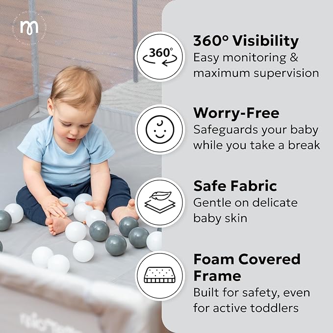 Zzz MioTetto Large Baby Playpen – Portable Play Pen, Playpen for Babies and Toddlers with Gate and Breathable Mesh – Indoor, Outdoor Baby Play Yard with Balls & Hangers - Safe and Sturdy Play Pen
