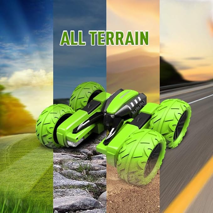 Remote Control Car for Kids 3-12 Years Old, Birthday Gift Toy for Boys Age 4 5 6 7 8, RC Car Stunt with Light 4WD Double Side Racing Vehicle 360° Flips Offroad Indoor Outdoor Sand Grass Garden Green
