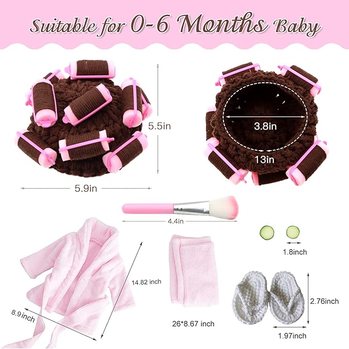 SPOKKI Newborn Photography Props 7 PCS Newborn Girl Photoshoot Outfits Babies Robe Props with Bath Towel Slippers Cucumber Curler Hat Makeup Brush for Infant Boys Girls