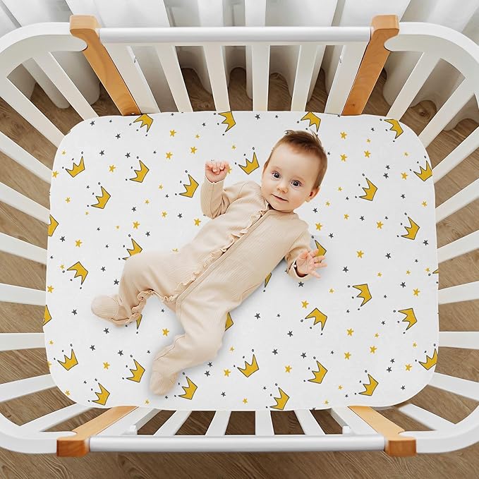 Baby Crib Sheets Graffiti Crown Crib Sheets for Boys Girls,Neutral Bassinet Toddler Bed Play Sheets Breathable Soft and Portable 52 * 28 * 9in