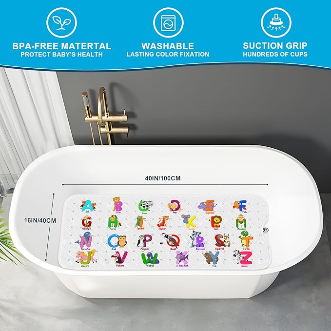 XIYUNTE Baby Bath Mat for Tub Non Slip Kids Bath Mat - 40''x16'' Extra Long Cartoon Baby Bath Tub Mat Eco-Friendly Toddler Bath Mats with Suction Cups, Easy to Clean & Easy Drying, Alphabet(White)