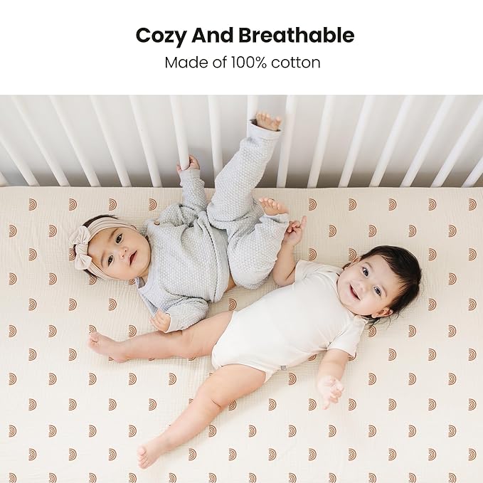 Konssy Muslin Crib Sheets for Girl Boy, 2 PCS Soft and Breathable Cotton Baby Sheets for Standard Crib Mattress, 52"x 28" (Camel, Rainbow)