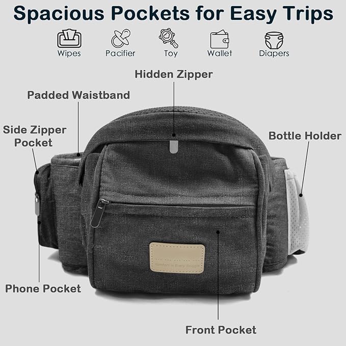 Baby Hip Seat Carrier, Adjustable Waistband with 3D Abdominal Support & Various Pockets Ergonomic Carrier for Newborns to Toddlers up to 33 lbs Medium Dark Grey