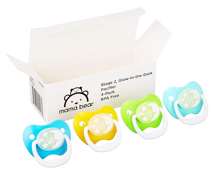 Amazon Brand - Mama Bear Glow-in-The-Dark Baby Pacifier, Stage 2 (6-12M), BPA Free, Assorted Colors, 4 Count (Pack of 2)