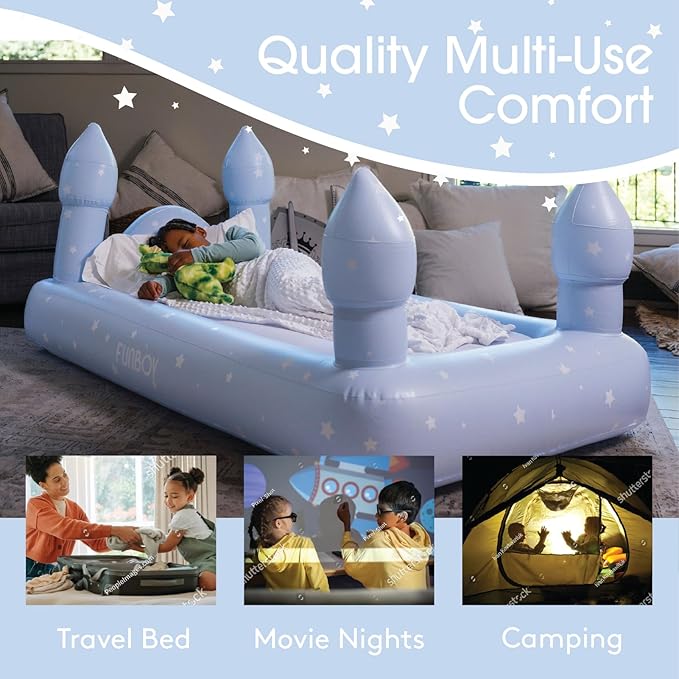 FUNBOY Kids Blue Castle Sleepover Travel Bed & Air Mattress. Perfect for Sleepovers. Includes Carrying Storage Bag, Twin