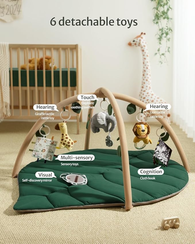 Blissful Diary Baby Play Gym & Activity Mat, Oversize Leaf Shaped Tummy Time Baby Play Mat w 6 Detachable Toys Promotes Motor Skills & Sensory Development, Newborn Infant Essentials Gift, Forest Green