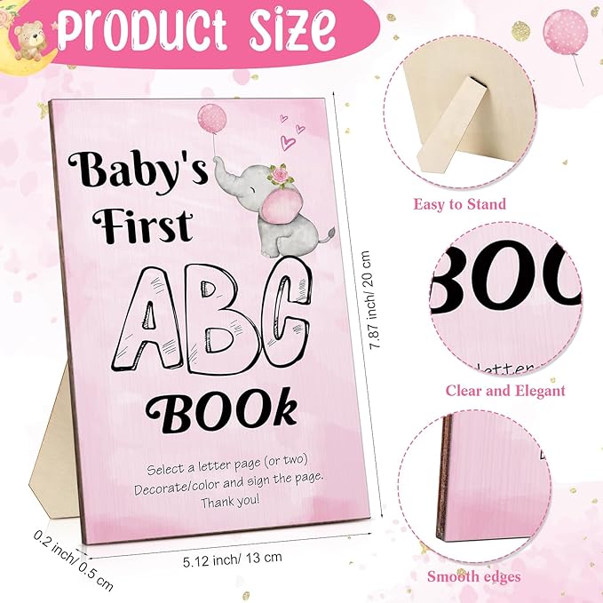 Geelin 51 Pcs Fun Baby Shower Game Activities First Abc Book Sign Coloring Game Card 26 Alphabet a to Z Coloring Card with 24 Watercolor Pen Storage Bag for Baby Shower Party(Pink Elephant)